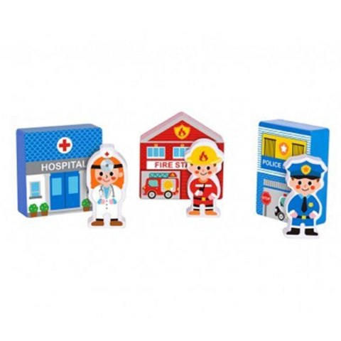 TOOKY TOY Drewniany Zestaw Budynków i Figurek Miasto Policja Szpital Remiza Policjant Doktor Strażak Tooky Toy