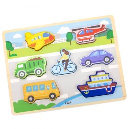 VIGA Drewniane Puzzle Układanka Montessori 2w1 Figurki Pojazdy Viga Toys