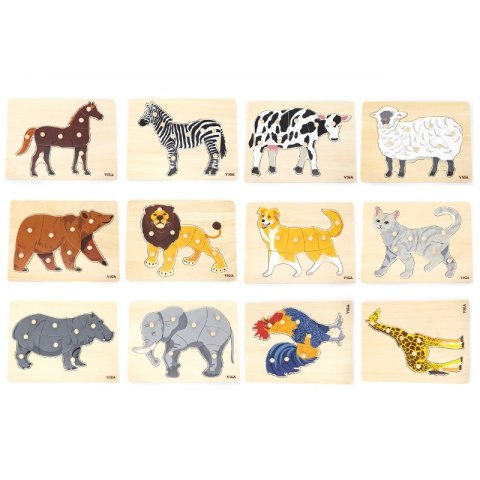 VIGA Zestaw Puzzle Drewniane 12 Układanek Zwierzątka Montessori + Stojak Viga Toys