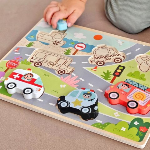 Tooky Toy Drewniane Puzzle Pojazdy Samochody Samolot Statek Miasto Dopasuj Kształty Tooky Toy