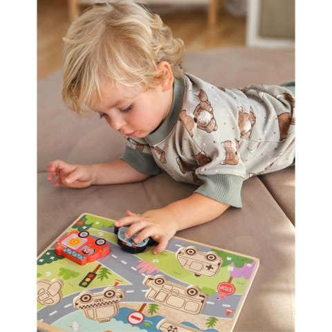 Tooky Toy Drewniane Puzzle Pojazdy Samochody Samolot Statek Miasto Dopasuj Kształty Tooky Toy