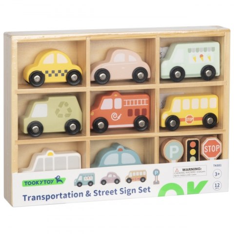 TOOKY TOY Zestaw Drewnaych Pojazdów i Znaków Drogowych w Pudełku Tooky Toy TOOKY TOY Zestaw Drewnaych Pojazdów i Znaków Drogowych w Pudełku Tooky Toy