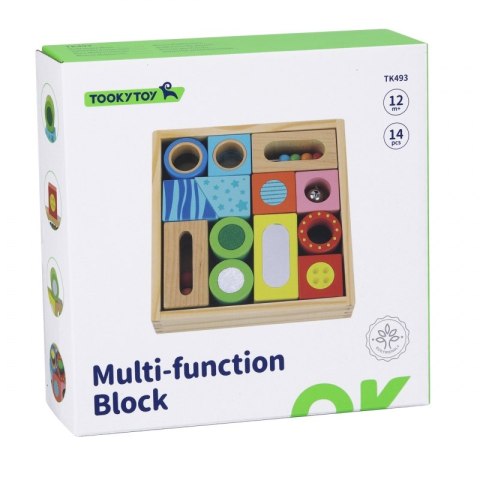 TOOKY TOY Drewniane Pudełko Klocki Sensoryczne Układanka Multifunkcyjna Kształty Dźwięk Dotyk 12 el. Tooky Toy