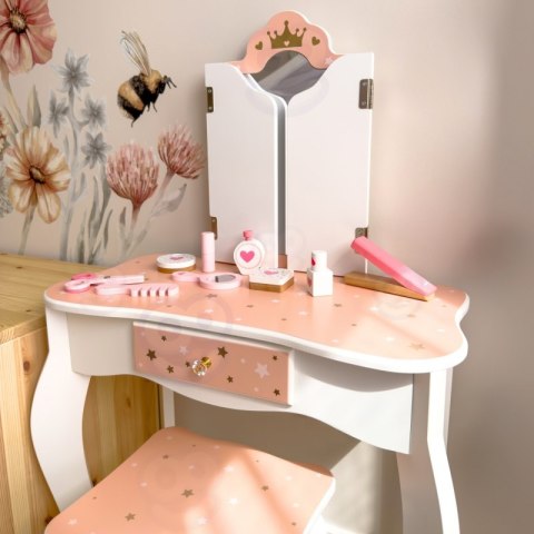 TOOKY TOY Drewniana Toaletka z Krzesełkiem Składane Lusterko Akcesoria 15 el. Tooky Toy