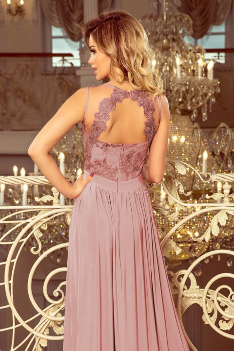 215-5 LEA długa suknia bez rękawków z haftowanym dekoltem - TAUPE